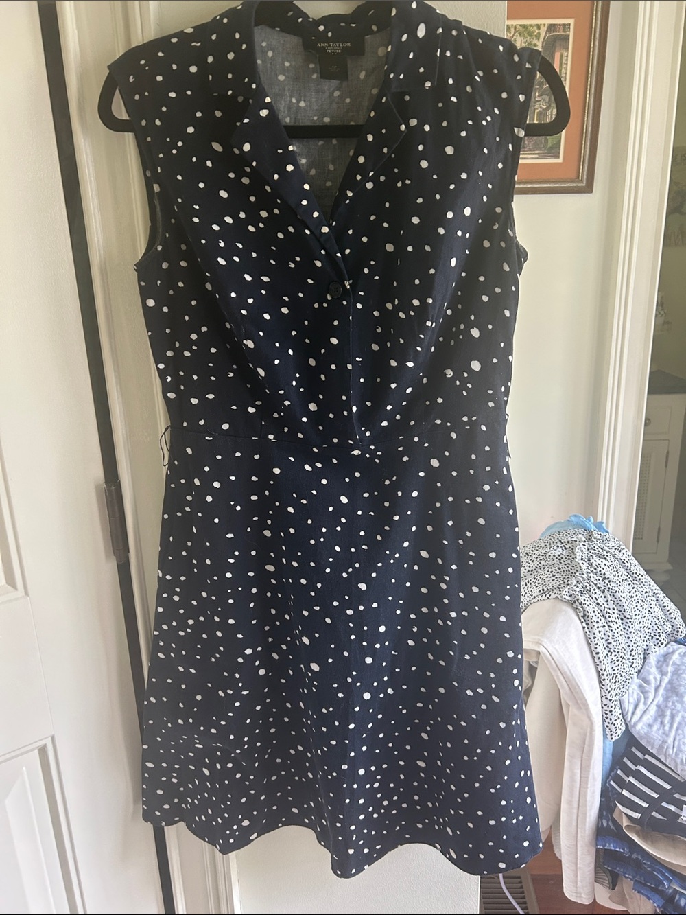 Ann Taylor Navy and White Dot Sleeveless Midi Dress